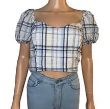 Dizzy Lizzy Plaid Puff Sleeve Lace Up Back Crop Top