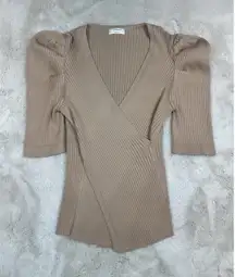 Thinkable Ribbed Wrap Top V-Neck Puff Sleeve Neutral Color Women's Size L