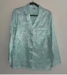 Vintage Blue Long Sleeve Button Up and Pant Pajama Set Floral Print