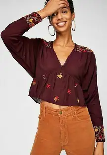 Free People Ava Embroidered V-Neck‎ Pullover Top M