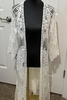 Rachel Zoe Kimono Cardigan Cover Up OS White Lace Mesh Boho 3/4 Sleeve‎ One Size