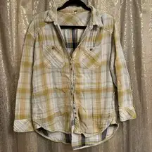 Free People Plaid Flannel Yellow Ivory Button Down Long Sleeve Top Medium