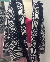 Boden Navy and White Fringed Jacquard Open Topper Cardigan