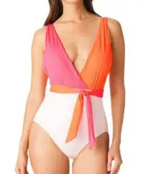 Sanctuary  Colorblocked Tie-Front One-Piece Pink Coral Swimsuit Medium NWT