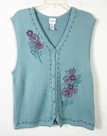 Vintage Koret Blue Floral Embroidered Button Up Sweater Vest Size M