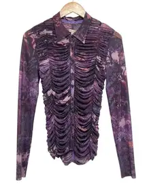 Pilcro Collared Mesh Button Down Shirt Size Small Dark Purple Floral Sheer Top