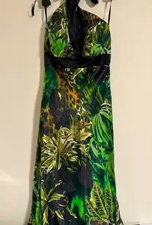 Cache Vintage 100% silk floral palm tropical halter dress gown 90s Y2K