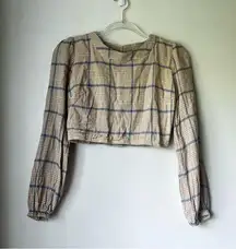 Japna Golden Yellow & Blue Plaid Cropped Long Sleeve Open Back Crop Top M