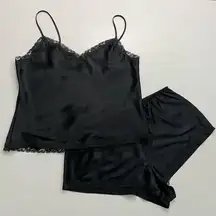Vintage Victorias Secret Nighty Set Cami Tank Shorts Satin Lace Trim Black Y2K