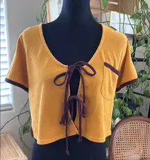 Free People Beach Mustard & Brown Front Tie Cropped Terry Top