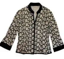 VTG Black + Ivory Floral Embroidered Sheer Mesh Cardigan w/ Velvet Trim sz 8