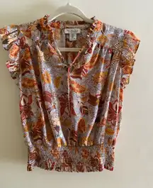 Rachel Zoe Floral Smocked Waist Blouse Womens Medium Tie Neck Boho Top