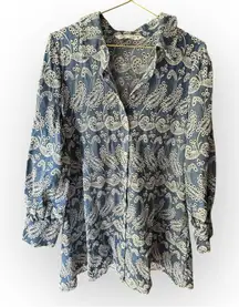 Zara Blue and White Embroidered Paisley Button Down Shirt Dress