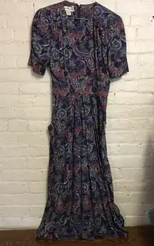 Vintage Karin Stevens 8 Rayon Paisley Blue Multicolor Fit Flare Midi Dress