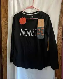 Rae Dunn Momster Black Long Sleeve Shirt With Socks Woman’s Size Medium NEW