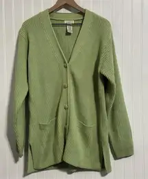 Yarnworks M Cardigan Sweater Rib Knit Lime Green V-Neck Pockets 100% Acrylic