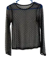 Sheer Black Polka Dot Mesh Long Sl Top Women's Swoss‎ Dot Blouse Small Going out