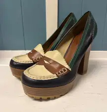 MIA Platform Loafer Heels Block Heel Lug Sole Leather Trim Color Block Shoes 7.5