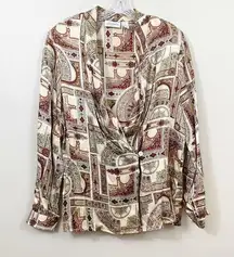 Vintage Liz Claiborne Silk Tan/Brown Wood Frame Pattern Blouse/Blazer