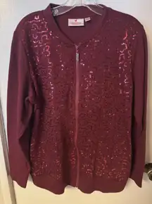 Quacker Factory Sequin Swirl Bomber Jacket SZ Medium Wine Zip Up Women
