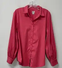 Chico's Pink Poplin Button Down Shirt Notched Collar Pleated Billow Sleeve Work