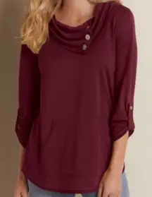 Soft‎ Surroundings Burgundy Button Cowl Neck Sweatshirt Size Small Petite