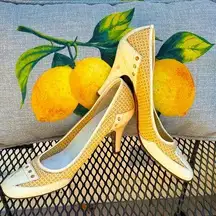 Prada cap toe cream patent and raffia 3” Heels