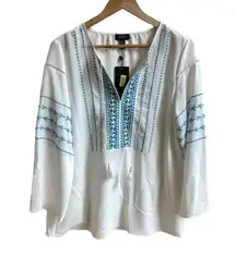 Jones New York White Blue Embroidered Bell Sleeve Womens Size M Peasant Blouse