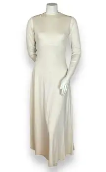 Vintage Maxi Dress Sequined‎ Lion Back Zip-Up Cream White Handmade Long Sleeve