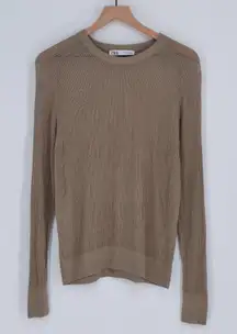 Zara Mesh Open Knit Sweater Tan Women's M Raglan Sleeve Crewneck Pullover Medium