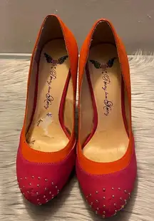 Penny Loves Kenny Pink & Orange Suede with Gold Beaded Top Accent Heels