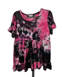 Oddi Tie-Dye Ruffle Tiered Tunic Top Blouse Womens Size M Soft Knit Multicolor