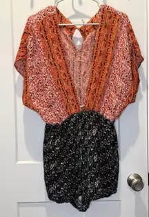 Free People Romper Womens M Orange Black Arizona Wide Plunge Floral Boho Rayon