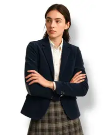 ZARA BASIC Navy Blue Corduroy Velvet Blazer Jacket Women Size S Elbow Patches