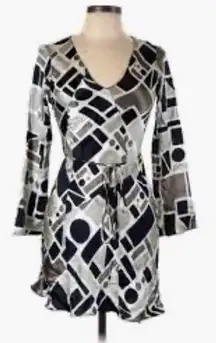 POLECI🍒SZ 4🍒100% SILK BLACK AND WHITE PRINTED WRAP DRESS TASSELED WAIST TIE🍒