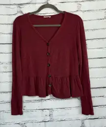 Olivia Rae Button Front Peplum Cardigan Top Women’s Medium Burgundy Red V-Neck