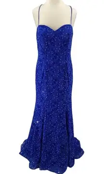 Intrigue Open Back Gown Rhinestone Spaghetti Strap Lace Blue Stretchy NEW 16