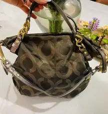 OP ART BROOKE METALLIC OLIVE SIGNATURE LOGO PRINT SHOULDER BAG HANDBAG