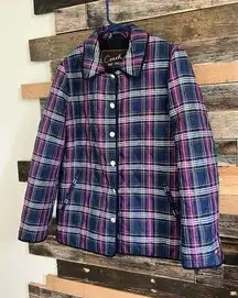 Coach  Quilted Navy Blue & Purple Plaid Print Long Sleeve Snap Front Jacket Sz M