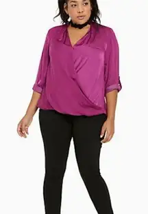 💙SALE 3/$25 TORRID HOLLYHOCK RASPBERRY PINK SATIN SURPLICE NECK LONG SLEEVE TOP