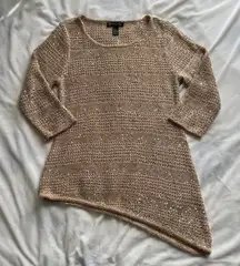 Y2K indie boho INC International tan & gold crochet sequin asymmetrical sweater