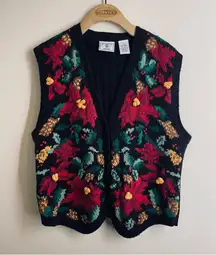 Vintage Lecomte Handknit Holiday Sweater Vest Small Black Red Green Poinsetta