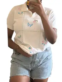 Coquette Core embroidered Butterfly Top Pastel Short Sleeve Size M