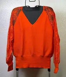 Vibrant Orange V-Neck Sweater with Lace Detail