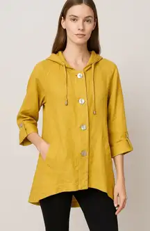 Jones & Co 100% Linen Jacket L Yellow Hooded‎ Button Front High Low Hem Roll Tab