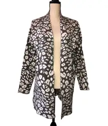 Leopard Print Cardigan Size S Open Front Gray Winter White Long Sweater Pockets