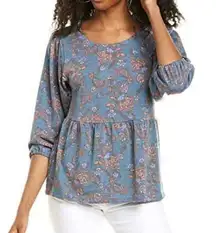 Bobeau Floral Boho Blue Peasant Babydoll Top L NWT