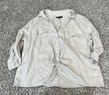 INC International Concepts Linen Blend Twist Front Shirt Womens XL Tan Button Up