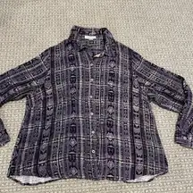 Coldwater Creek Shirt Womens XL Buttondown Purple Aztec Abstract Long Sleeve Top