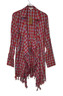 Umgee Women's Top Plaid Open Roll Tab‎ Sleeves Fringed Cardigan Red Small NWT